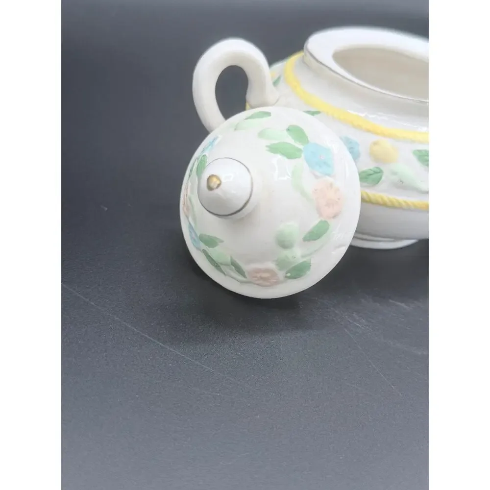 Floral Applique Ceramic Teapot Raised Flowers Yellow Rope Trim 6 Inch